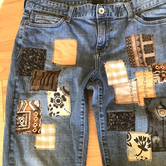 Upcycled Patchwork Jeans, 14: Boho Hippie Pants, Coffee Theme, Recycled Denim - Picture 8 of 14